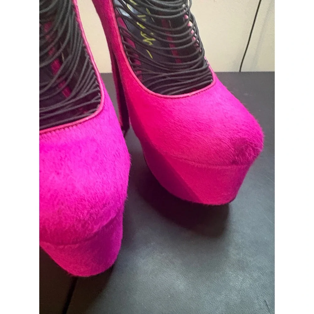 London Trash Hot Pink Pony Hair Platform Pumps Caged Multi Strap Stiletto Heels